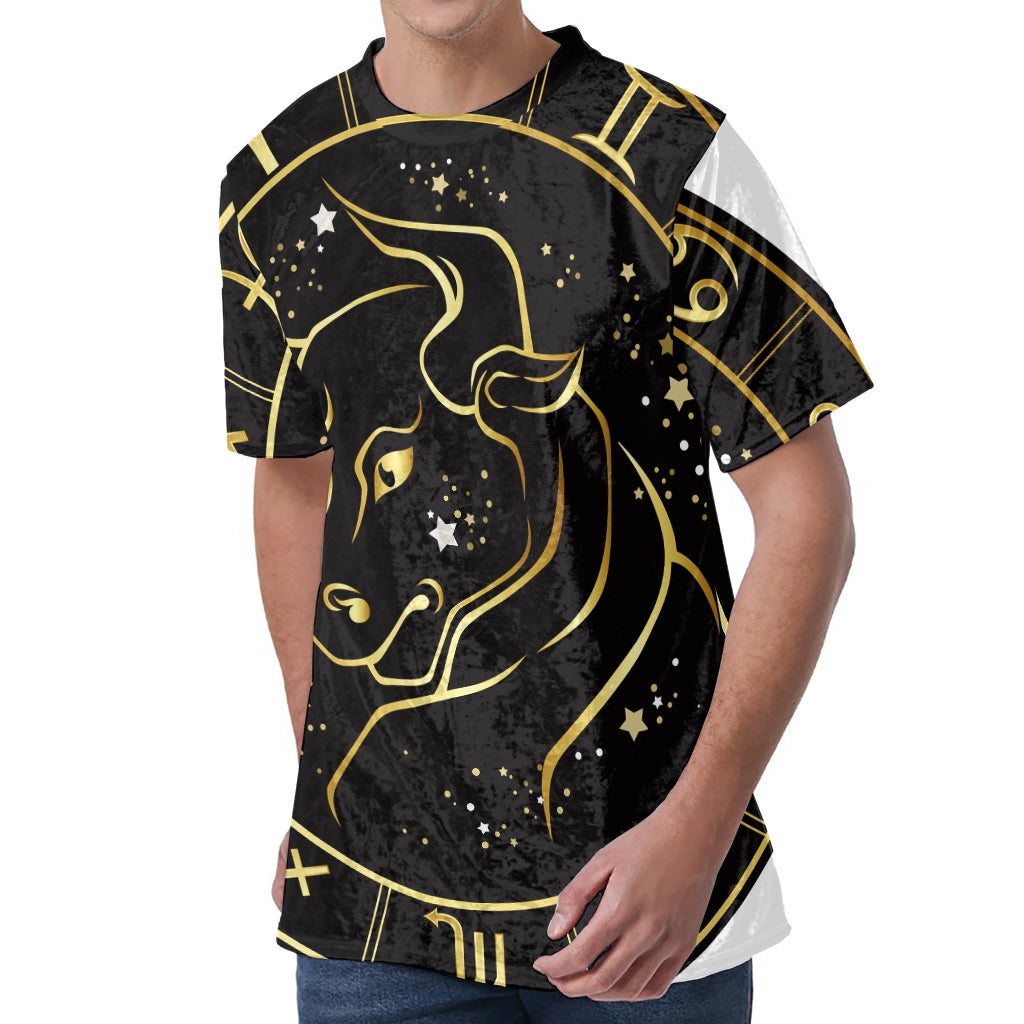 Gold And Black Taurus Sign Print Men's Velvet T-Shirt
