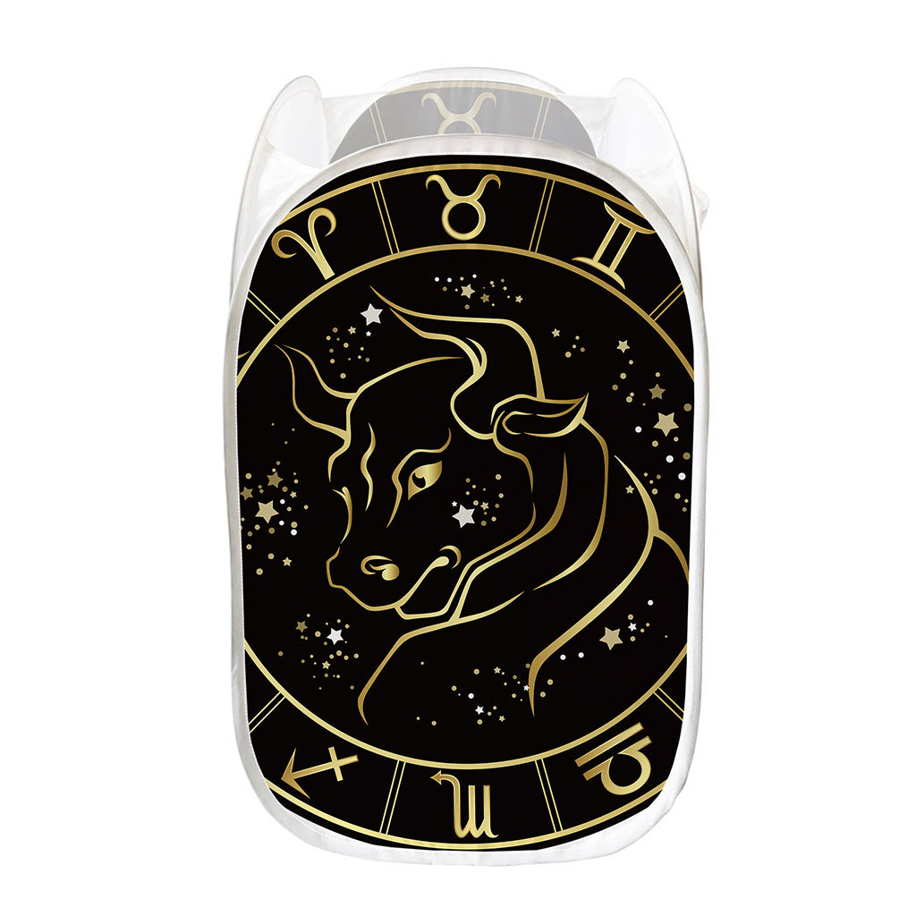 Gold And Black Taurus Sign Print Mesh Laundry Hamper