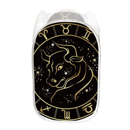 Gold And Black Taurus Sign Print Mesh Laundry Hamper