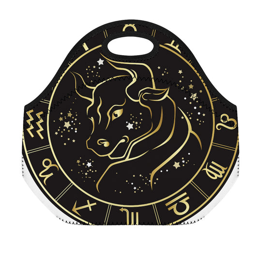 Gold And Black Taurus Sign Print Neoprene Lunch Bag