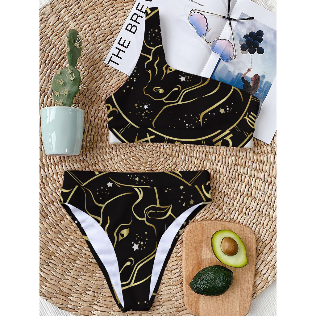 Gold And Black Taurus Sign Print One Shoulder Bikini Top