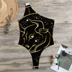 Gold And Black Taurus Sign Print One Shoulder Bodysuit