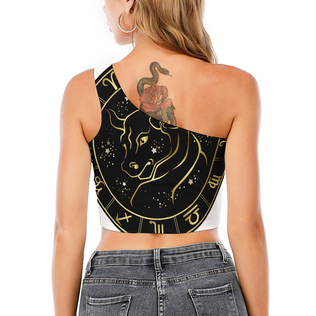 Gold And Black Taurus Sign Print One Shoulder Crop Top