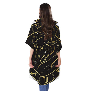 Gold And Black Taurus Sign Print Open Front Beach Cover Up