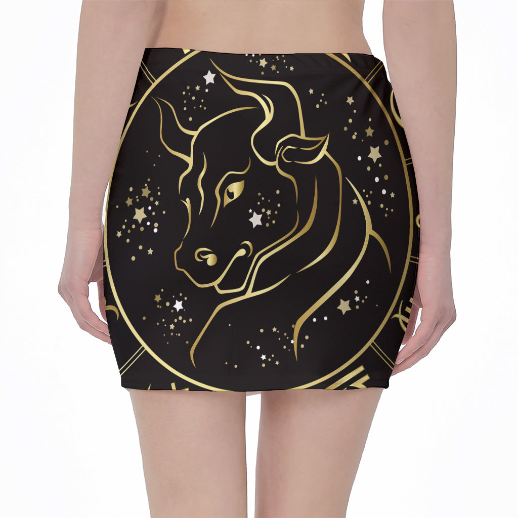 Gold And Black Taurus Sign Print Pencil Mini Skirt