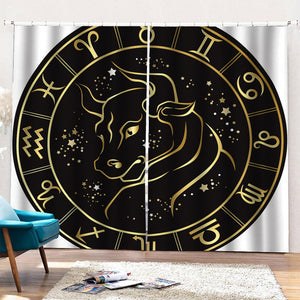 Gold And Black Taurus Sign Print Pencil Pleat Curtains