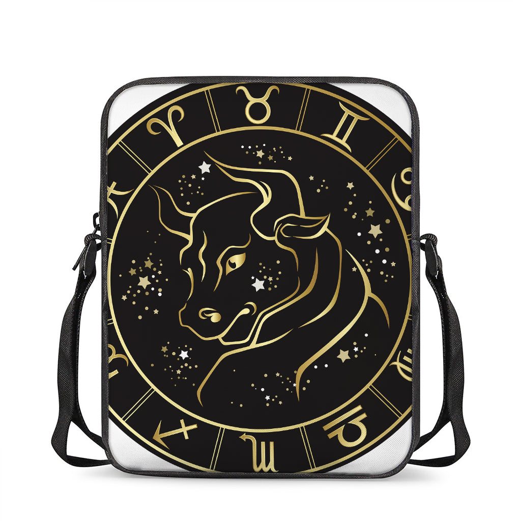 Gold And Black Taurus Sign Print Rectangular Crossbody Bag