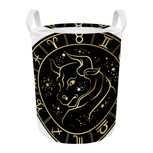 Gold And Black Taurus Sign Print Round Laundry Basket