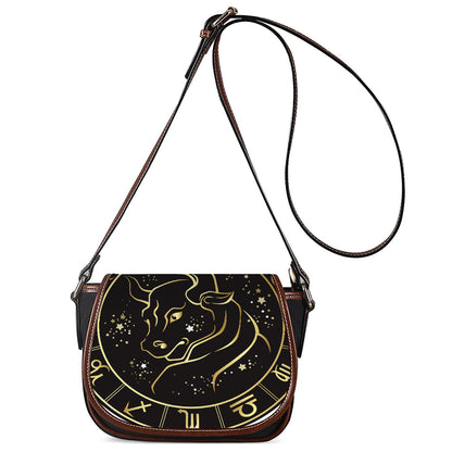 Gold And Black Taurus Sign Print Saddle Bag