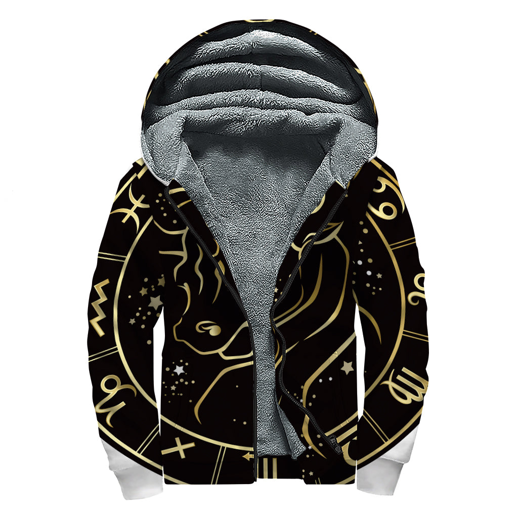 Gold And Black Taurus Sign Print Sherpa Lined Zip Up Hoodie