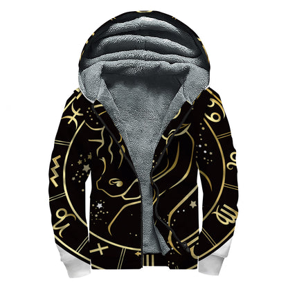 Gold And Black Taurus Sign Print Sherpa Lined Zip Up Hoodie