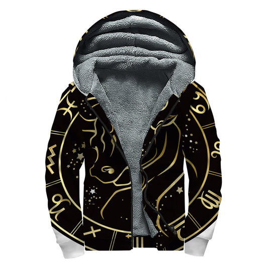 Gold And Black Taurus Sign Print Sherpa Lined Zip Up Hoodie
