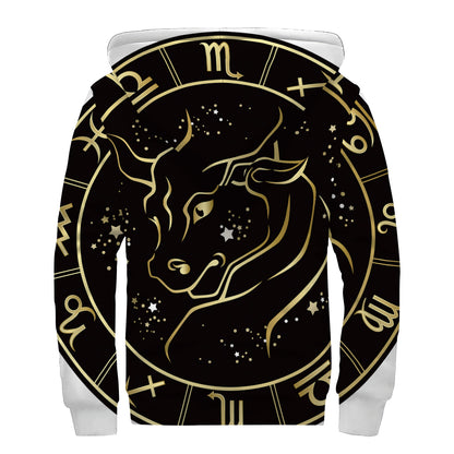 Gold And Black Taurus Sign Print Sherpa Lined Zip Up Hoodie