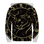Gold And Black Taurus Sign Print Sherpa Lined Zip Up Hoodie