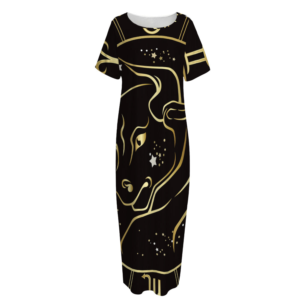 Gold And Black Taurus Sign Print Short Sleeve Long Nightdress