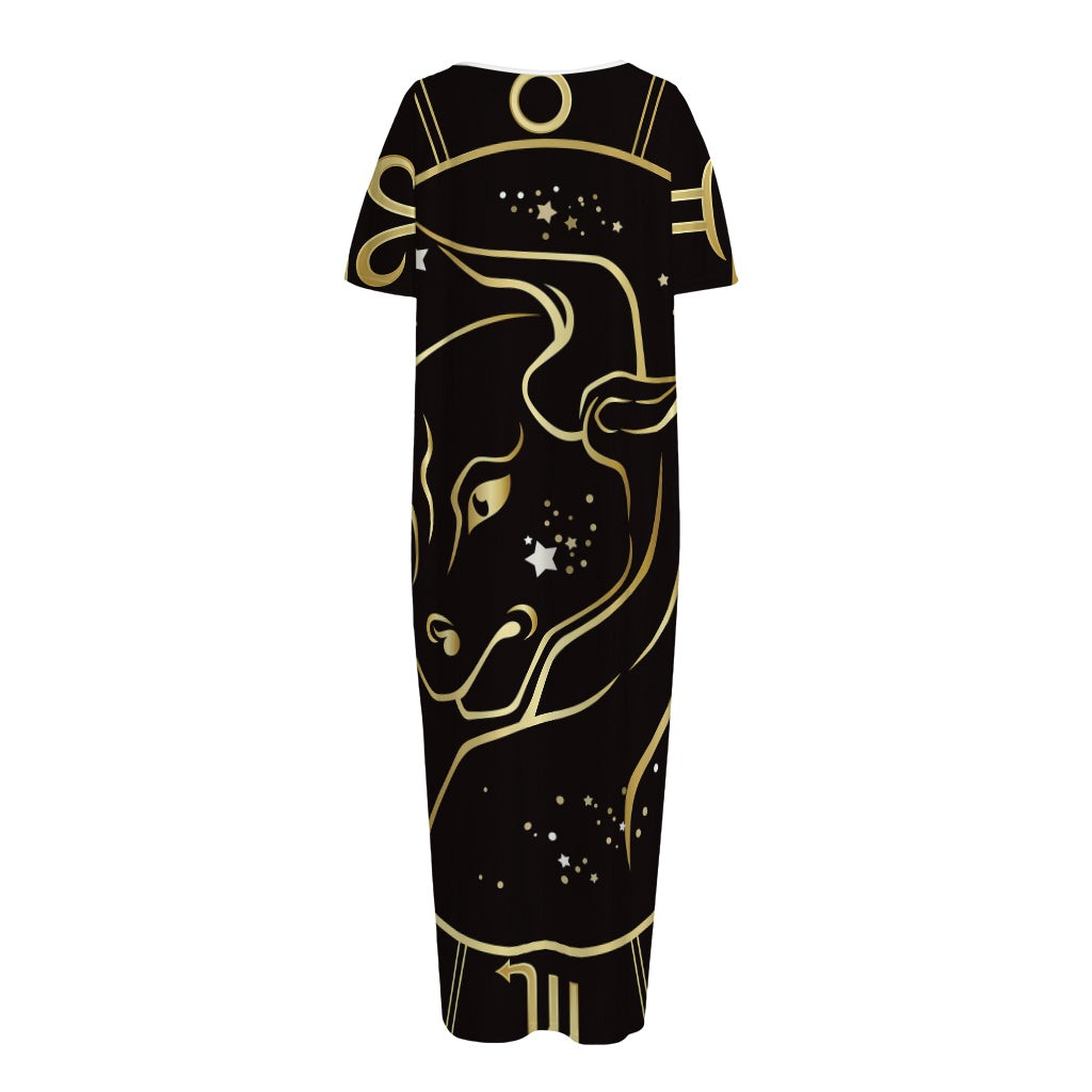 Gold And Black Taurus Sign Print Short Sleeve Long Nightdress