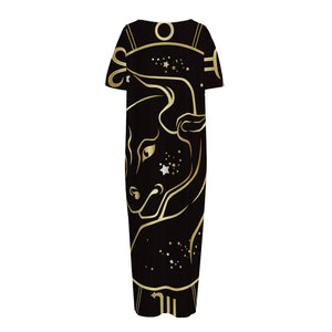 Gold And Black Taurus Sign Print Short Sleeve Long Nightdress