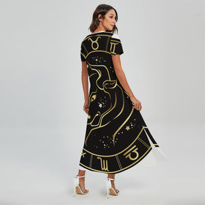 Gold And Black Taurus Sign Print Short Sleeve Maxi Dress