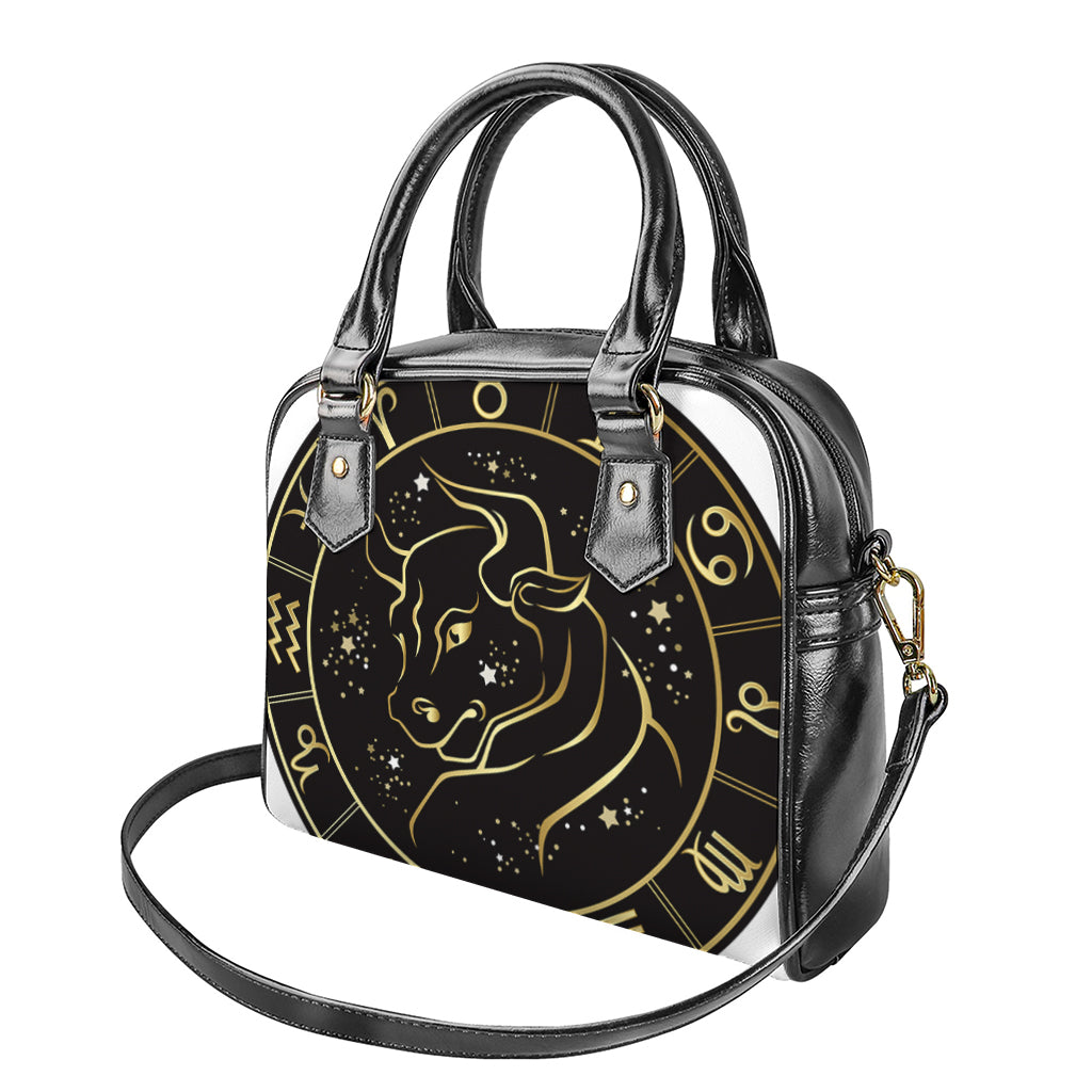 Gold And Black Taurus Sign Print Shoulder Handbag