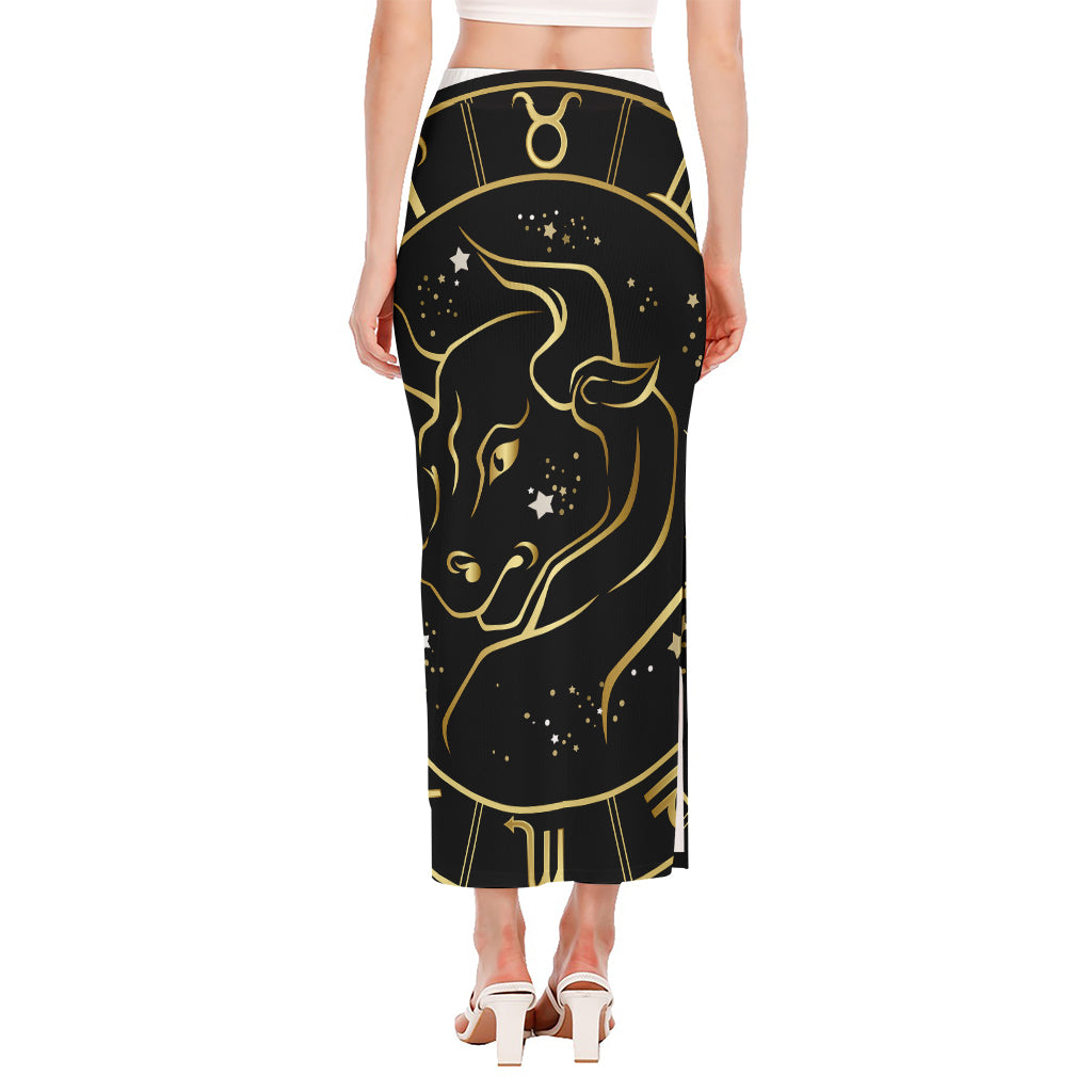 Gold And Black Taurus Sign Print Side Slit Maxi Skirt