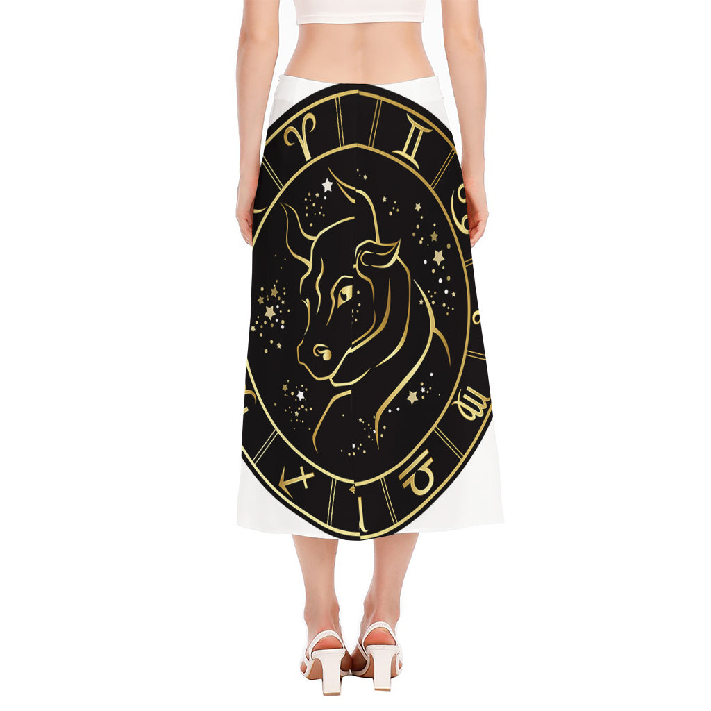 Gold And Black Taurus Sign Print Side Slit Midi Skirt