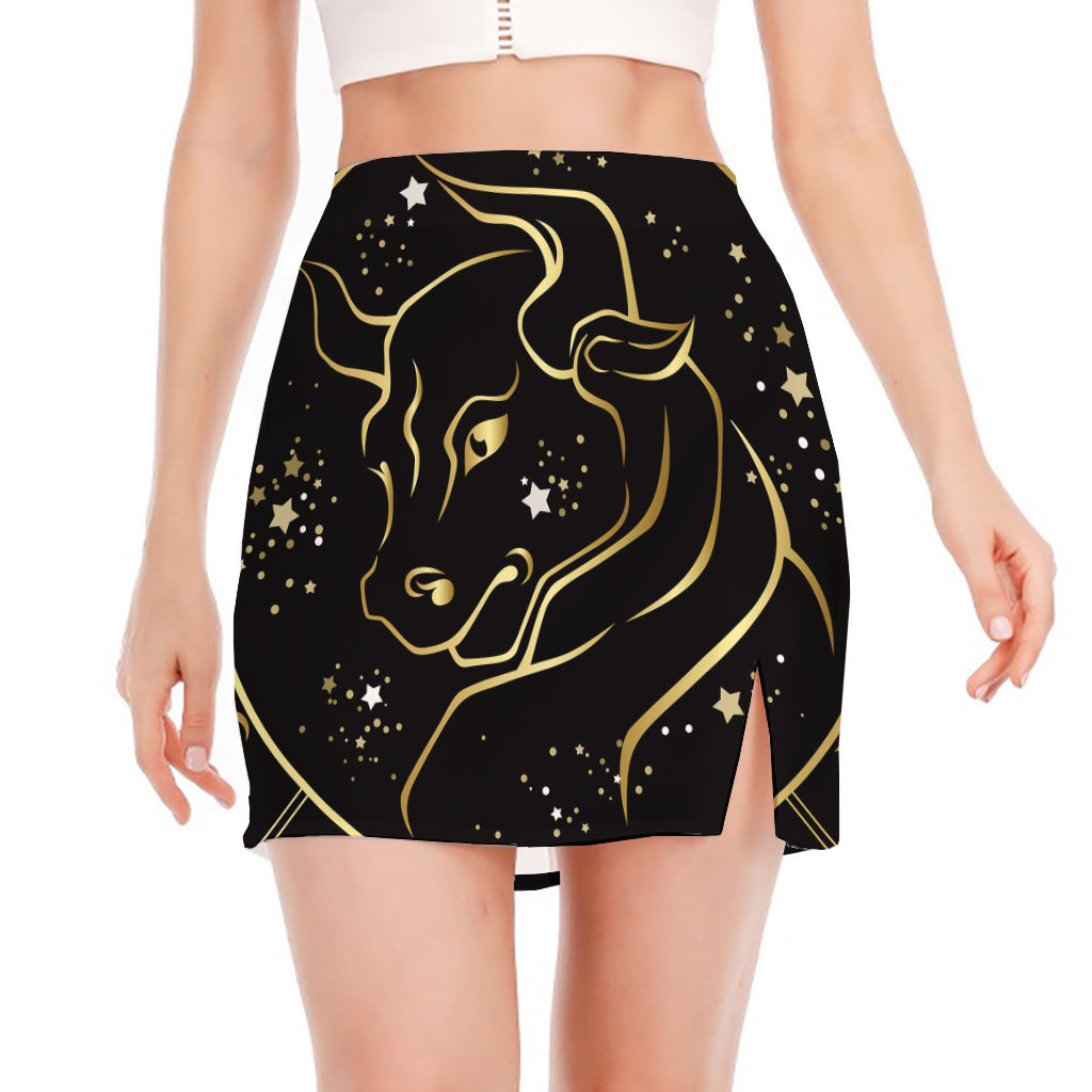 Gold And Black Taurus Sign Print Side Slit Mini Skirt