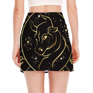 Gold And Black Taurus Sign Print Side Slit Mini Skirt