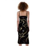 Gold And Black Taurus Sign Print Slim Fit Midi Cami Dress