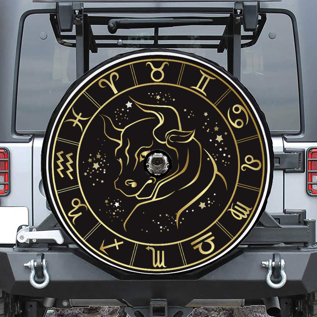 Gold And Black Taurus Sign Print Tire Cover With Camera Hole