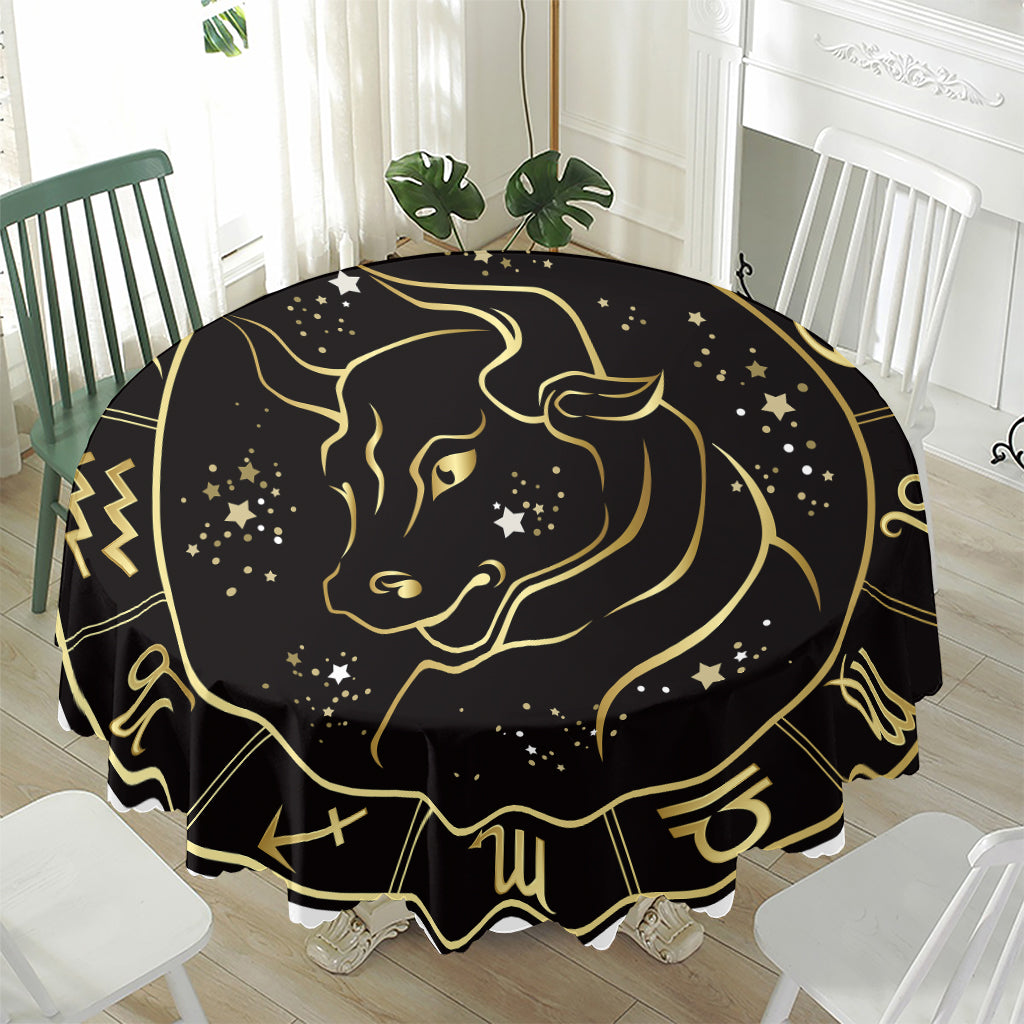 Gold And Black Taurus Sign Print Waterproof Round Tablecloth