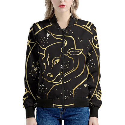 Gold And Black Taurus Sign Print Women's Bomber Jacket