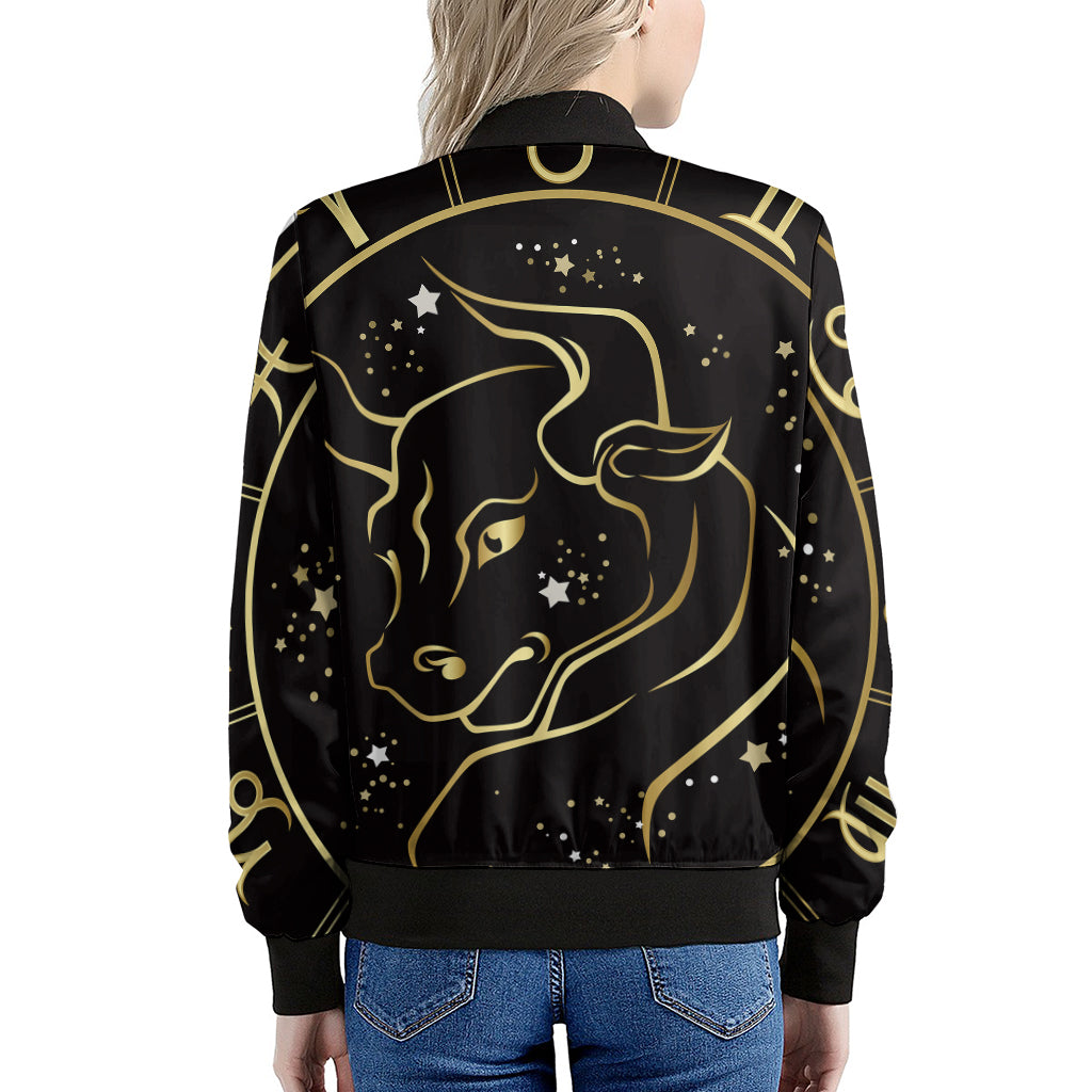 Gold And Black Taurus Sign Print Women's Bomber Jacket