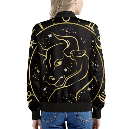 Gold And Black Taurus Sign Print Women's Bomber Jacket