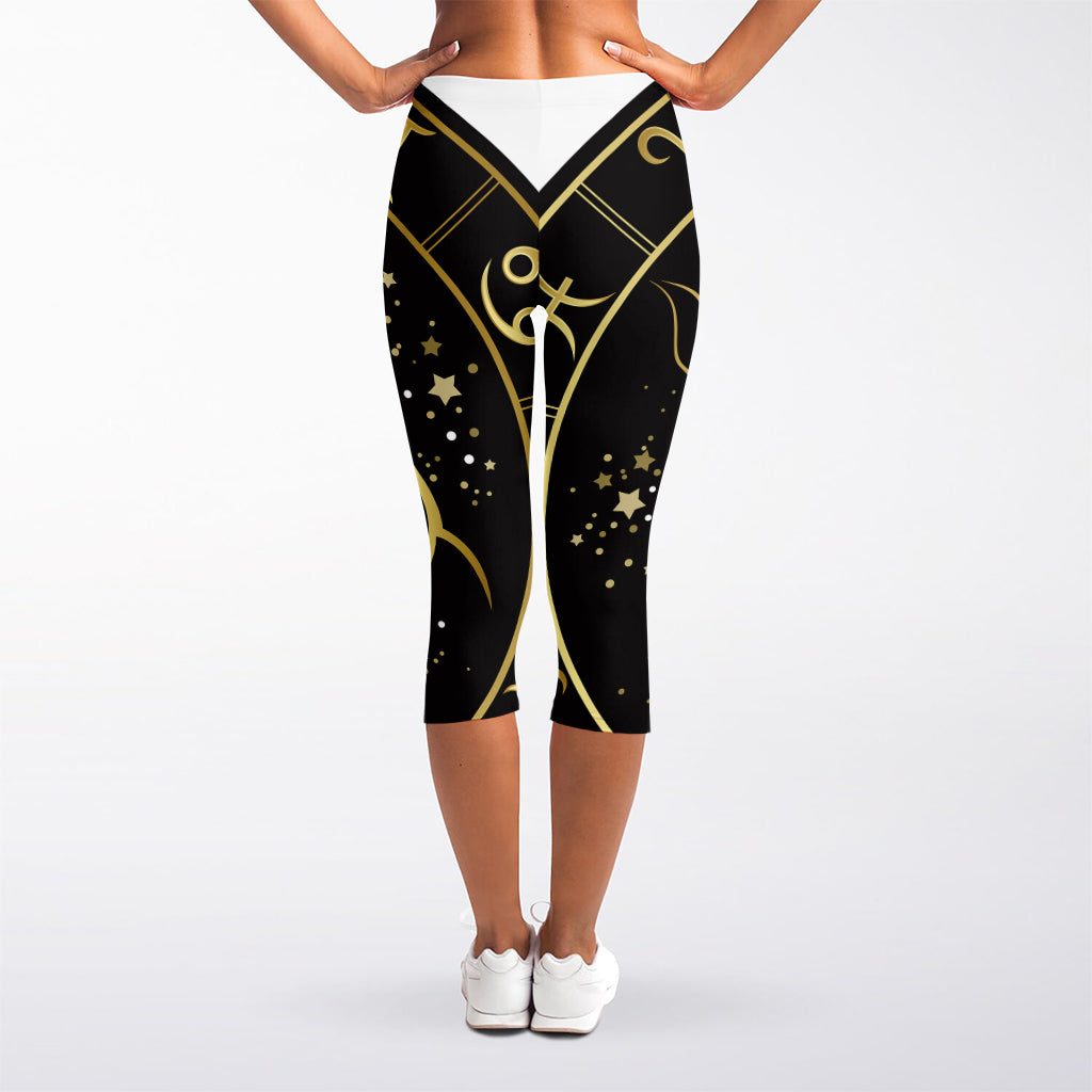 Gold And Black Taurus Sign Print Women's Capri Leggings