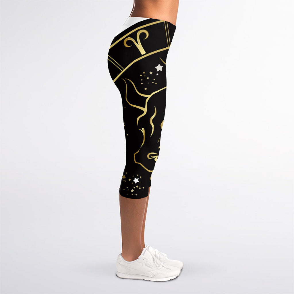 Gold And Black Taurus Sign Print Women's Capri Leggings