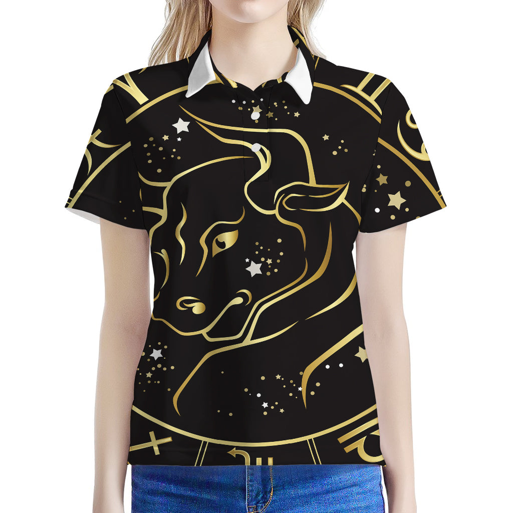 Gold And Black Taurus Sign Print Women's Polo Shirt