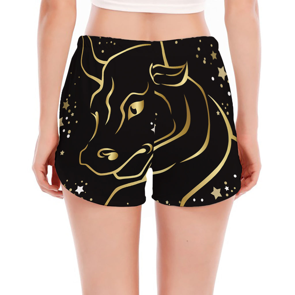 Gold And Black Taurus Sign Print Women's Split Running Shorts