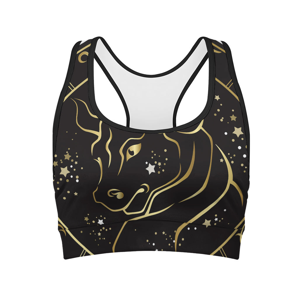 Gold And Black Taurus Sign Print Women's Sports Bra