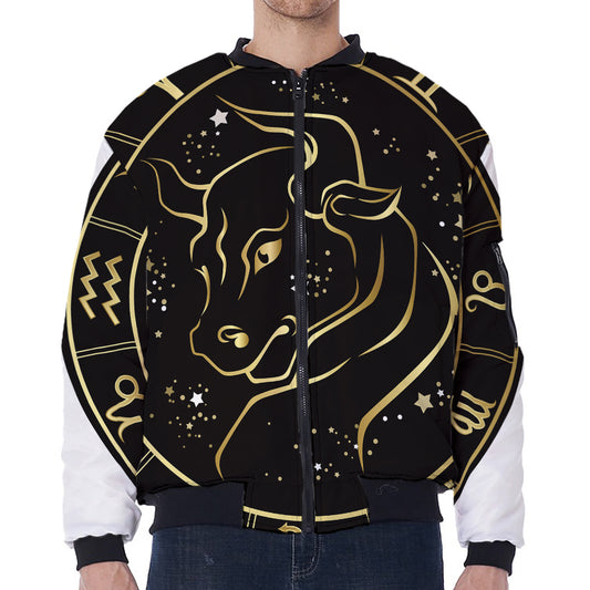 Gold And Black Taurus Sign Print Zip Sleeve Bomber Jacket