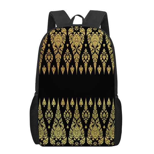 Gold And Black Thai Pattern Print 17 Inch Backpack