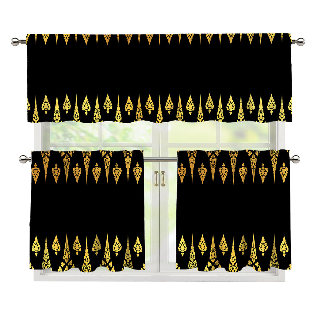 Gold And Black Thai Pattern Print 3 Piece Kitchen Curtains
