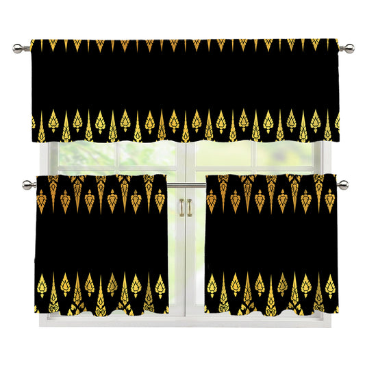 Gold And Black Thai Pattern Print 3 Piece Kitchen Curtains