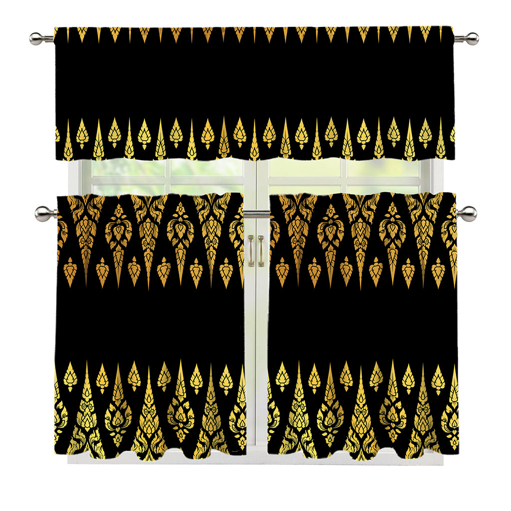 Gold And Black Thai Pattern Print 3 Piece Kitchen Curtains