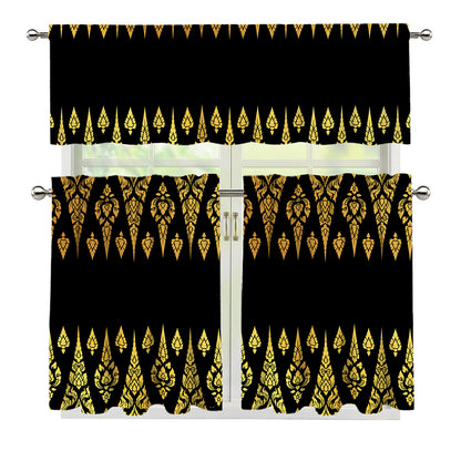 Gold And Black Thai Pattern Print 3 Piece Kitchen Curtains