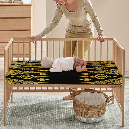 Gold And Black Thai Pattern Print Baby Crib Sheet
