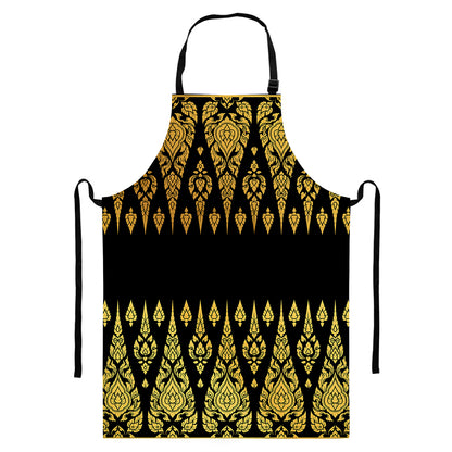Gold And Black Thai Pattern Print Bib Apron With Pocket