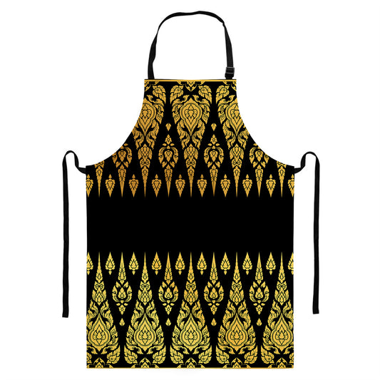 Gold And Black Thai Pattern Print Bib Apron With Pocket