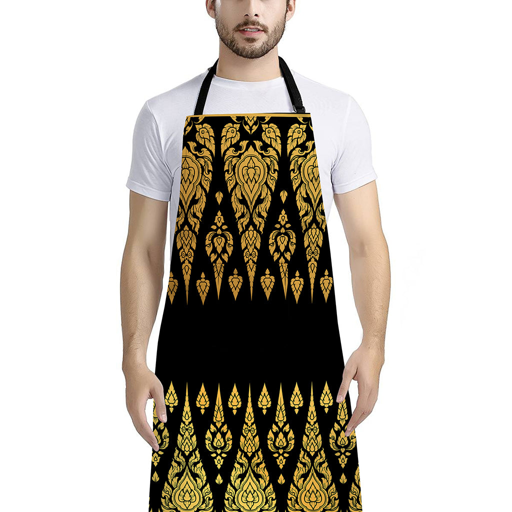 Gold And Black Thai Pattern Print Bib Apron With Pocket