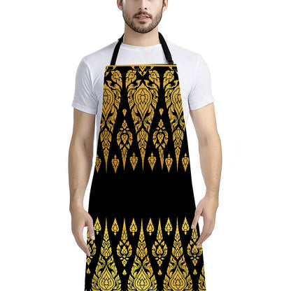 Gold And Black Thai Pattern Print Bib Apron With Pocket