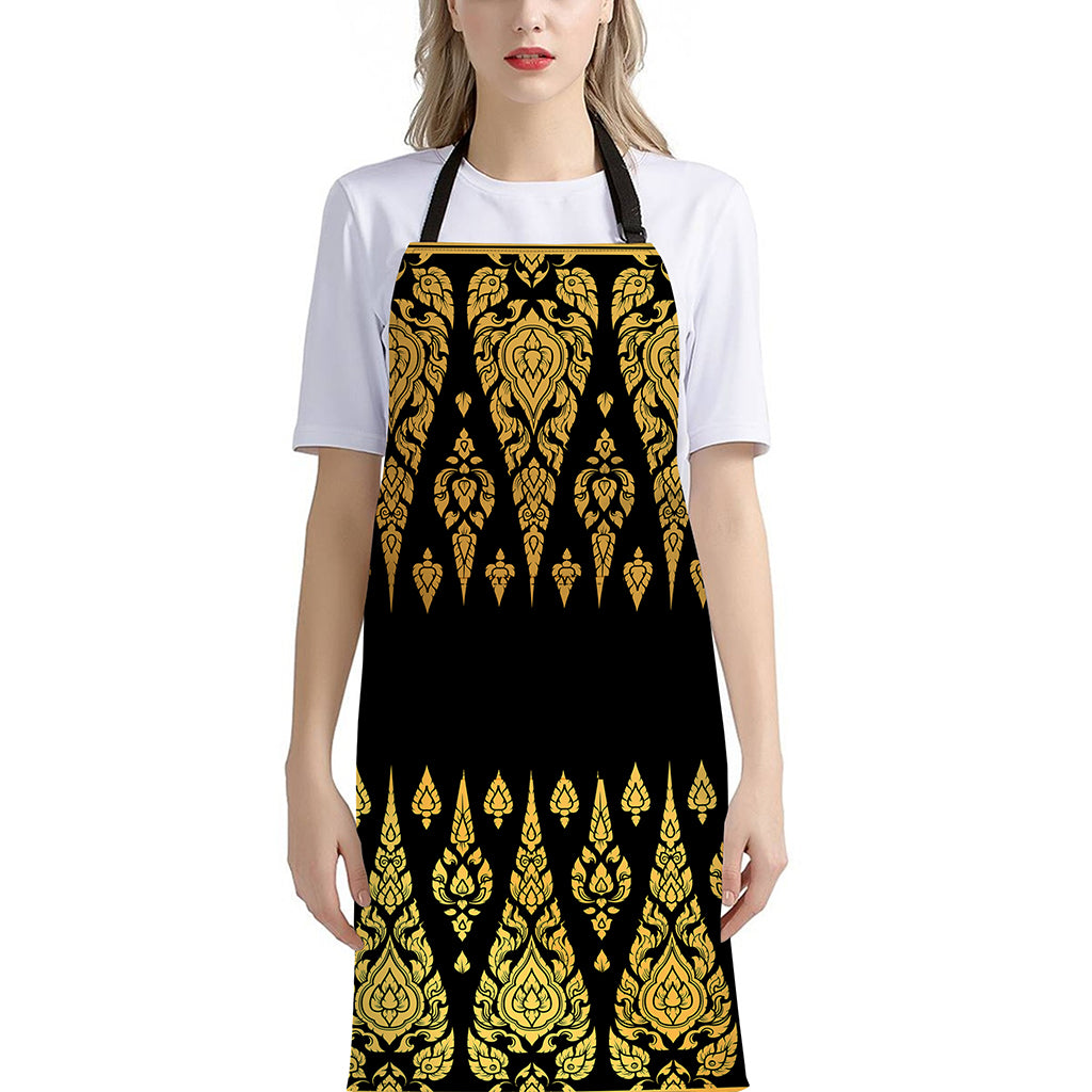 Gold And Black Thai Pattern Print Bib Apron With Pocket